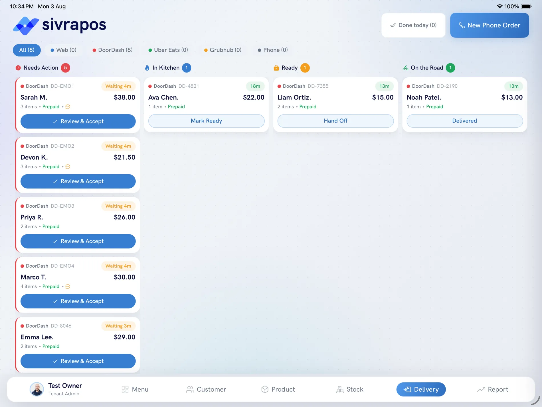 SIVRAPOS delivery board with four lanes — Needs Action, In Kitchen, Ready, On the Road — showing DoorDash orders with prepaid badges and waiting timers