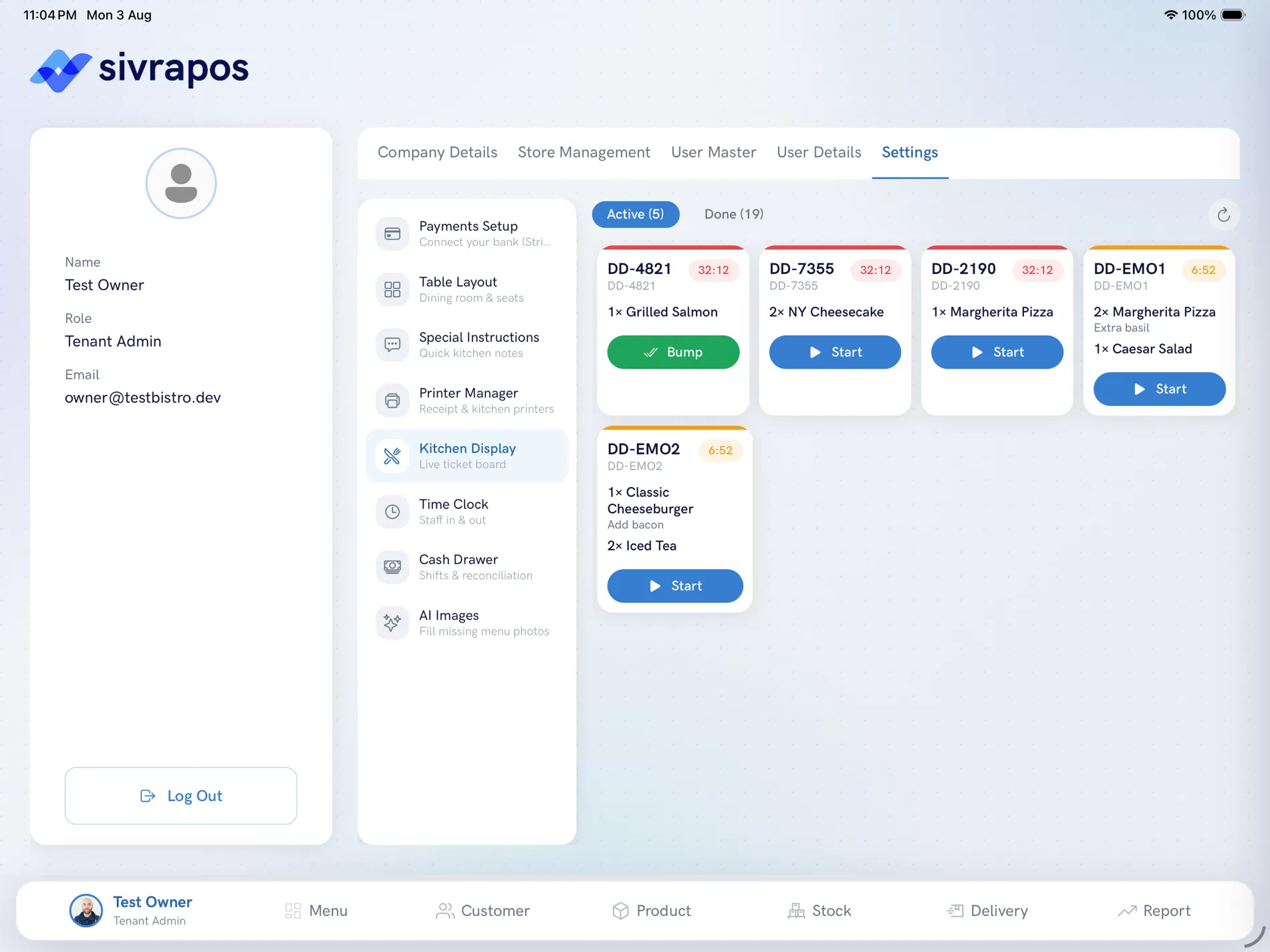SIVRAPOS kitchen display with three active tickets showing order numbers, items, elapsed time, and Start buttons