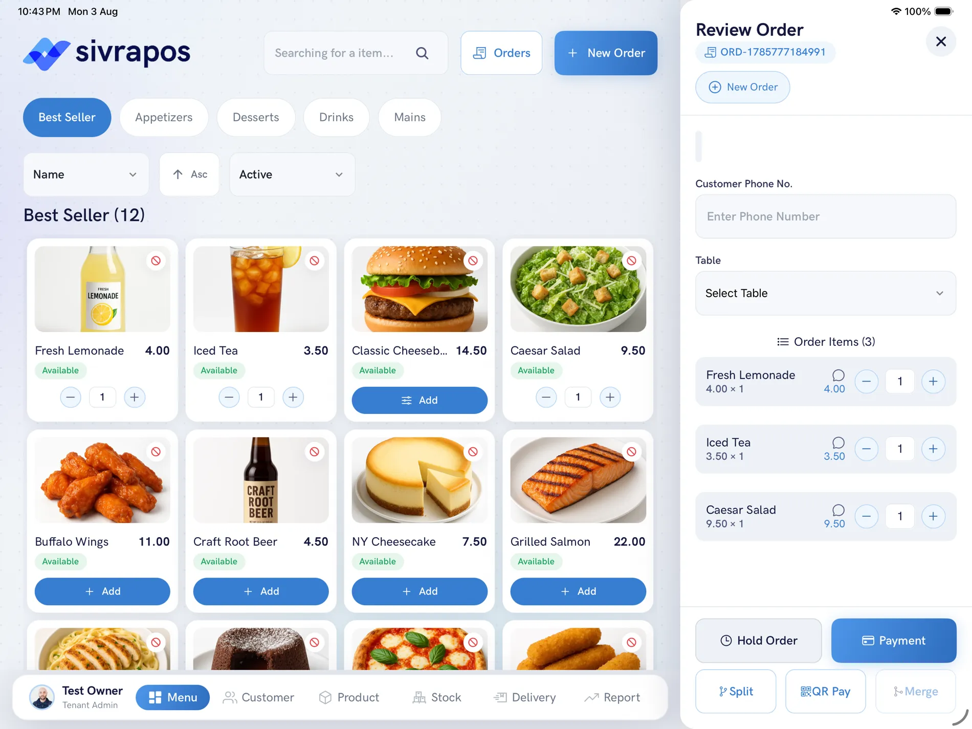 SIVRAPOS menu screen with photographed dishes and the order drawer open: three items, quantity steppers, and Payment, Split, and QR Pay actions