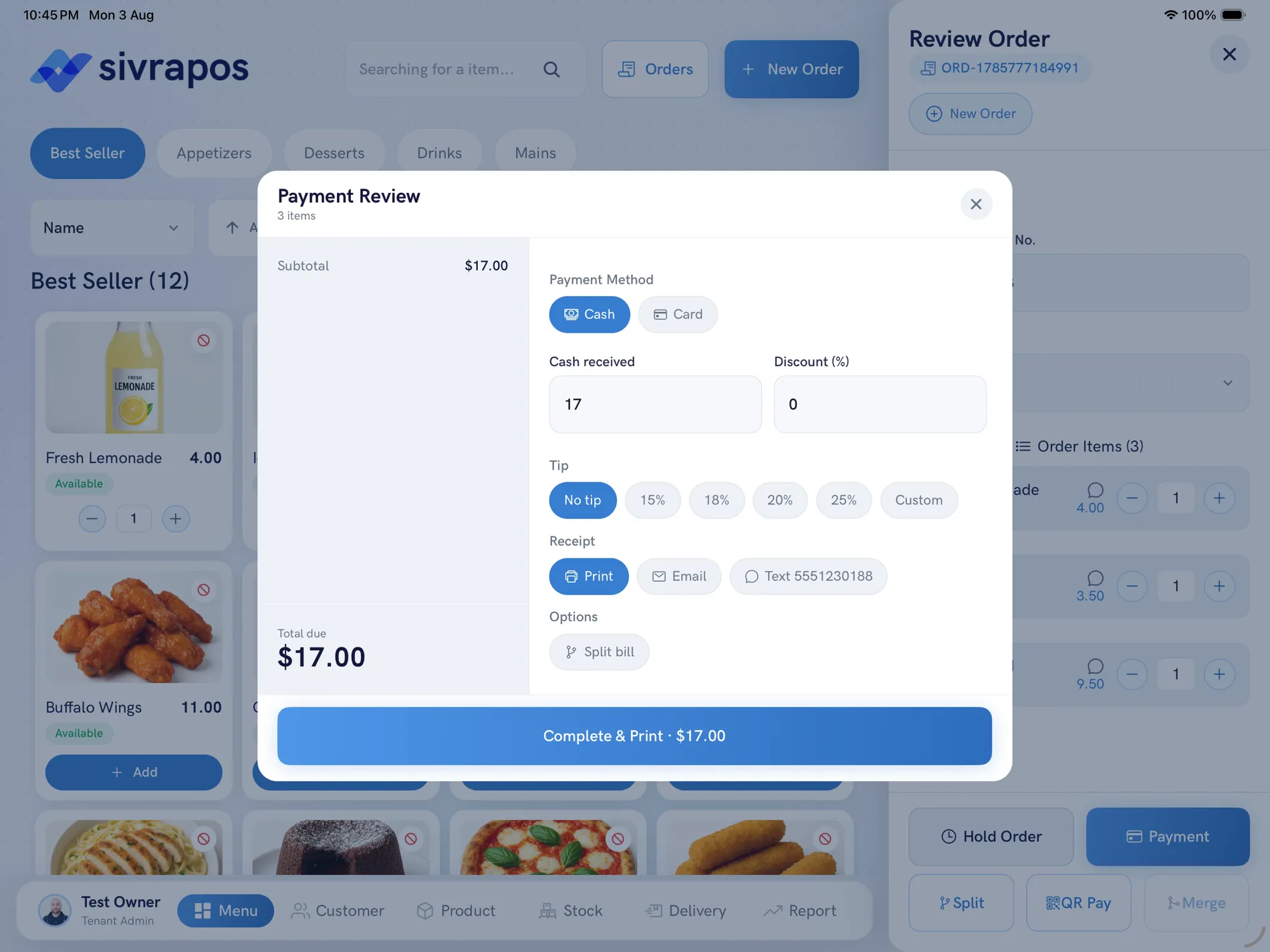 SIVRAPOS payment screen with cash and card options, tip presets from 15 to 25 percent, print, email, or text receipt choices, and a Complete and Print total button